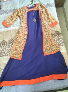 Stylish Blue Kurti with Printed Jacket