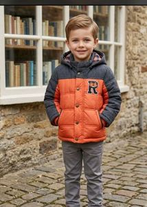 Orange Puffer Jacket with Grey Hood