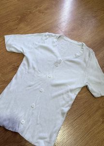 White Ribbed Button-Up Cardigan