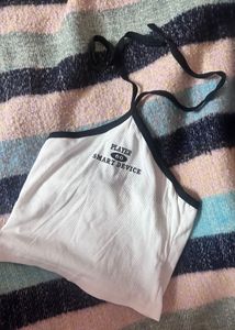 White Graphic Halter Neck Crop Top