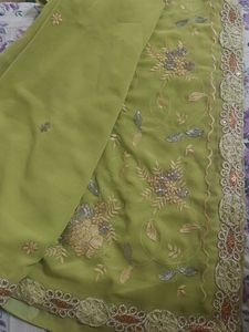 Beautiful Olive Green Embroidered Saree
