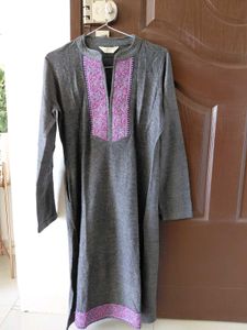 woollen Grey Kurta with Purple Embroidery and purp