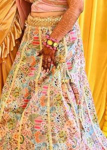 Designer Pink Brocade Blouse &amp; Printed Lehenga Set