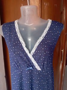 Blue Polka Dot Nightgown with Lace Trim