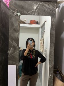 Embroidered Black Blouse with Tassels