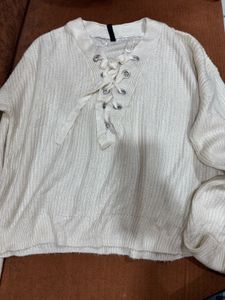 Cream Lace-Up Knit Sweater