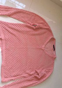 pink Crochet V-Neck Sweater