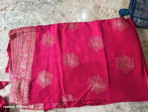 Vibrant Pink Silk Saree with Golden Border