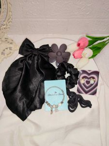 Chic Black Satin Bow &amp; Hair Clips Set