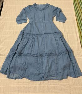 Blue Tiered Midi Dress with Ruffle Collar