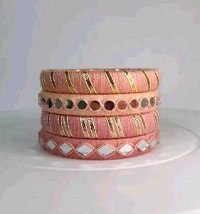Pink Silk Thread Bangles with Mirror Work🩷