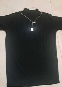Chic Black Mock Neck T-Shirt with Chain Detail