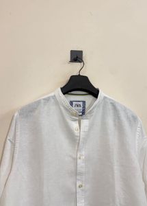 Zara White linen blend Band Collar Shirt