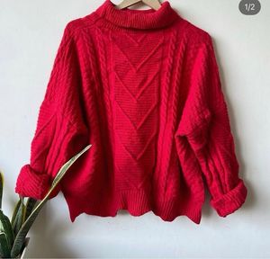 Cozy Red Cable Knit Turtleneck Sweater