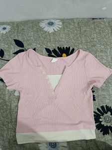 Pink Ribbed Henley Top with Cream Layer