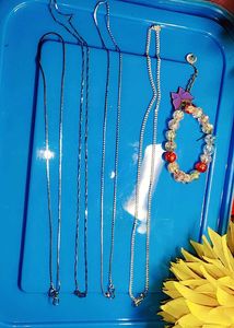 Jewelry Combo: Set of 4 Silver Chains &amp; 1 Beaded H