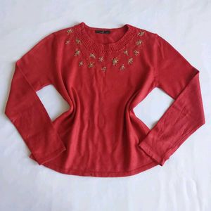 Red Embroidered,Embellished Long Sleeve Top