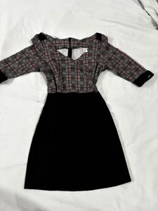 Chic Plaid & Black Midi Dress
