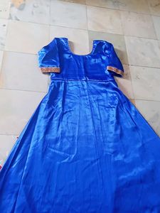 Royal Blue Satin Gown with Embellished Sleeves