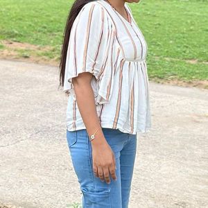 striped peplum top with flutt..