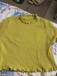 Chic Yellow Ruffle Neck Knit Top