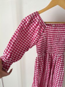 Chic Pink Gingham Smocked Dress