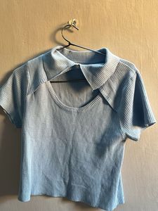 Blue Collared Cutout Knit Top