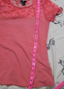 H&amp;M Tshirt Coral and White Top with Lace Detail