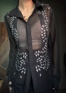 Black Sheer Embroidered Button-Up Shirt