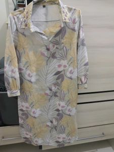 Floral Print Kurta with Embellished Neckline