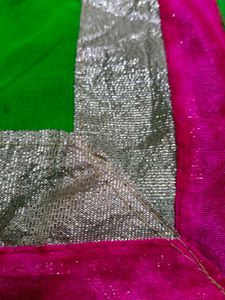 Vibrant Green Saree with Pink &amp; Silver Border