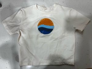 Cream T-Shirt with Embroidered Sunset Graphic