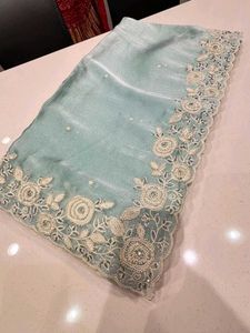 Elegant Sky Blue Saree with Floral Lace