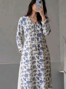 Blue Floral Print Kurta with Lace Detail