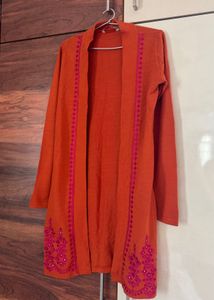 Rust Orange Knee-Length Embroidered Shrug