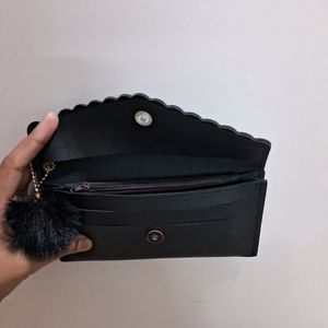 Chic Black Wallet with Pom-Pom Charm
