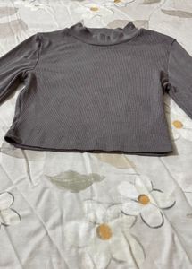 Grey Ribbed Mock Neck Cropped Top