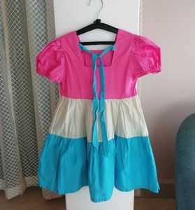 Girls Pink, Cream &amp; Blue Tiered Dress