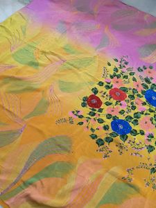 Pure Crepe Floral Hand work And Painted Sari