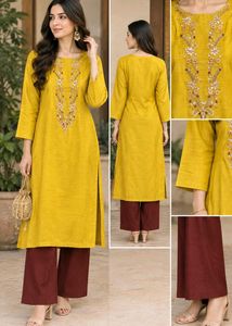 Embroidered Unstitched Yellow Kurti Set