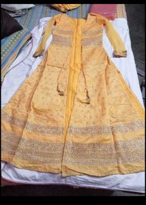 Elegant Yellow Embroidered Gaown Set with koti