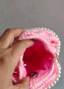 Chic Pink Rose Crochet Handbag with Pearl Strap
