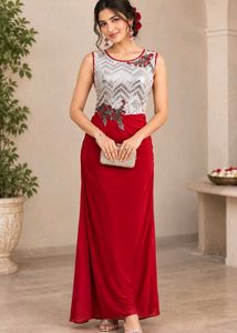 Elegant Red & Silver Embellished Gown