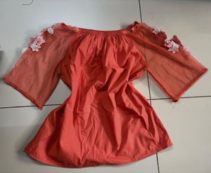 Coral Off-Shoulder Mesh Sleeve Top