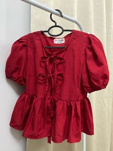 Pinteresty Red Tie Top with Puff Sleeves