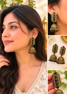Indian Jhumka Earrings with Black Stones