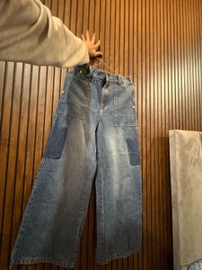 Wide Leg Denim Jeans with Patch Detail