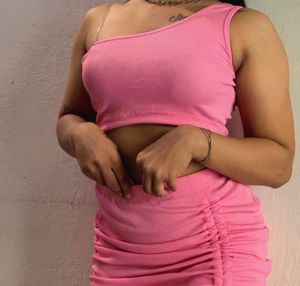 Pink One-Shoulder Ruched Mini Dress Set