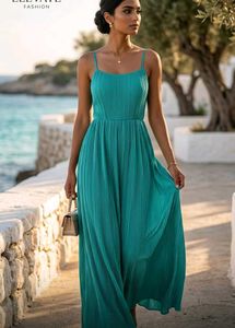 Green Teal Pleated Maxi Dress