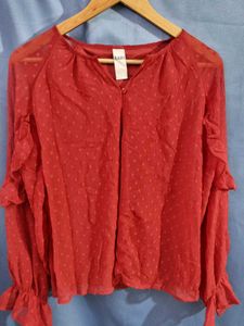 Kazo Chic Red Ruffle Sleeve Blouse